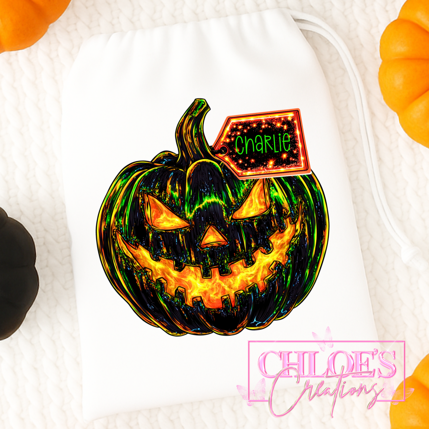 Name Tag Pumpkin Drawstring Bag